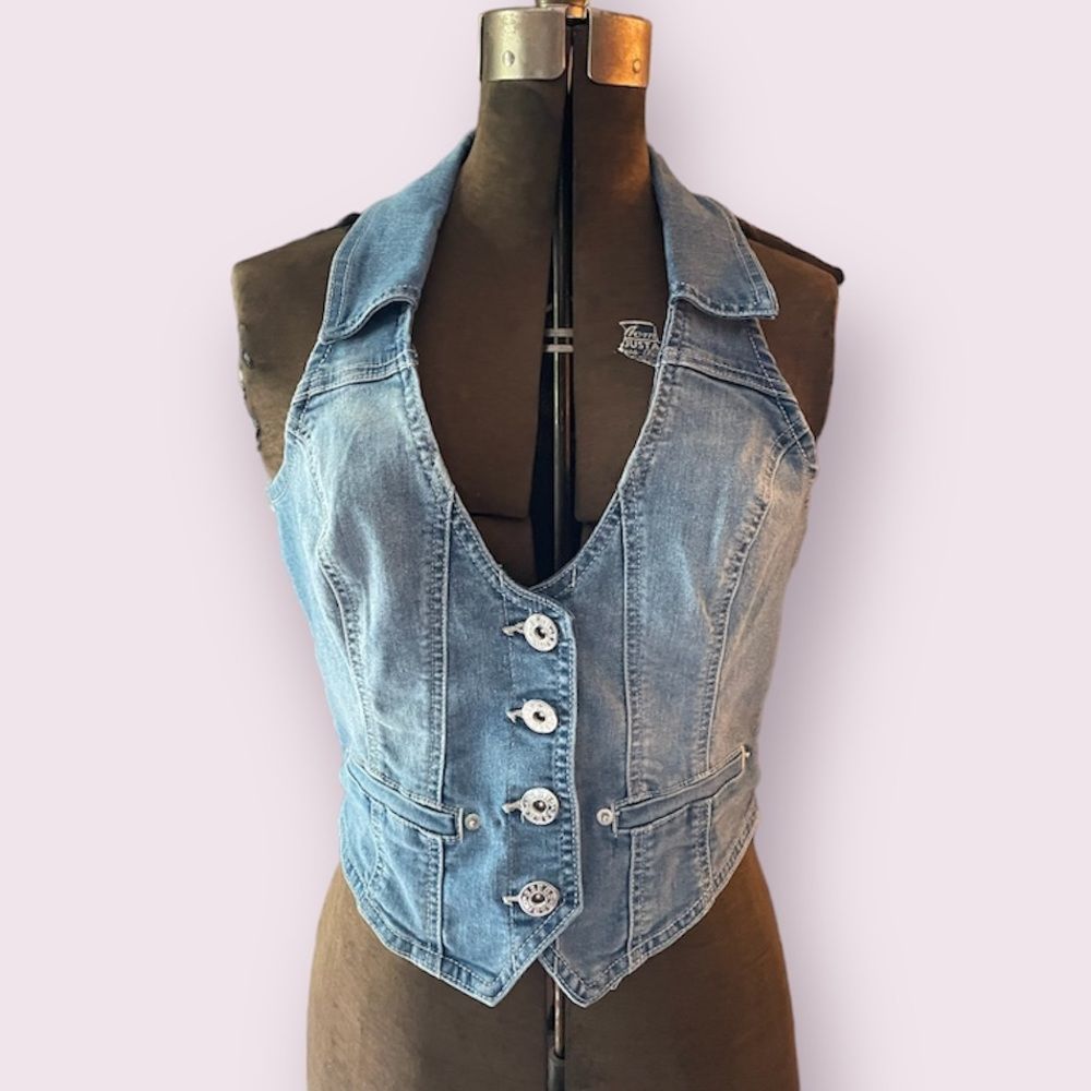 Guess Light Blue Denim Vest with Button Front